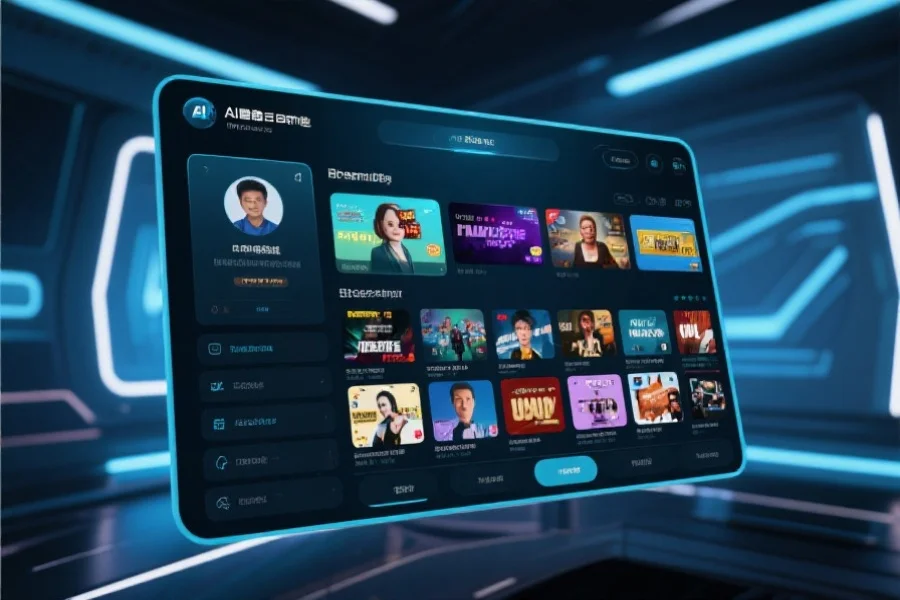 一个AI智能界面,自动为用户推荐各种娱乐内容,背景为未来科技风格